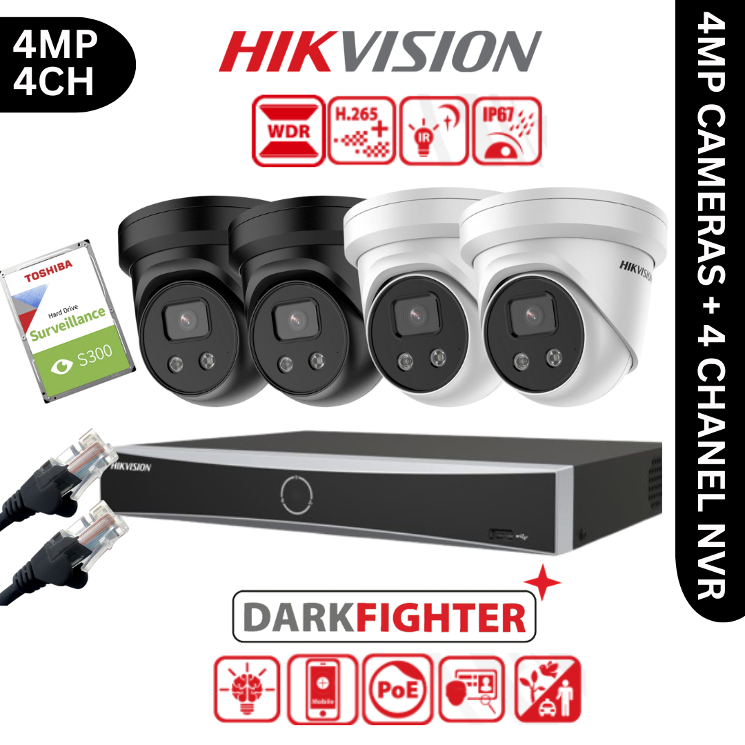4MP Hikvision IP CCTV Kit – 4x DS-2CD2346G2-IU, 1x DS-7604NXI-K1/4P, HDD & Cabling – White+Black (CKIT1009)