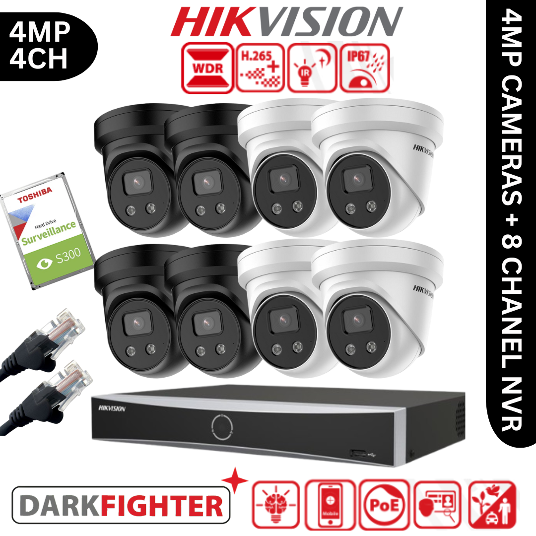 4MP Hikvision IP CCTV Kit – 8x DS-2CD2346G2-IU, 1x DS-7608NXI-K1/8P, HDD & Cabling – White+Black (CKIT1010)