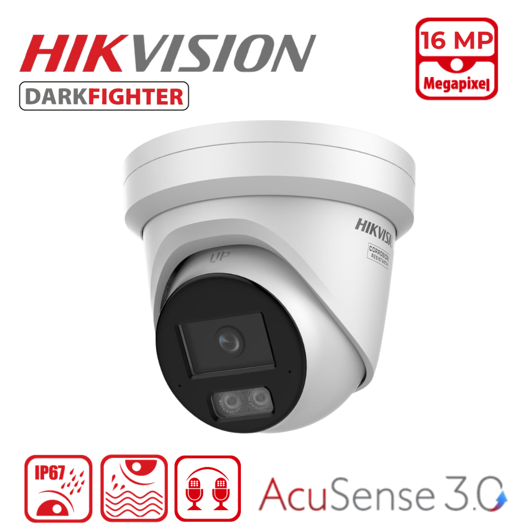 Hikvision DS-2CD23166G3-I2UY 16MP AcuSense 3.0 Turret Camera with Built-In Arrayed Dual-Mic - White, 2.8MM