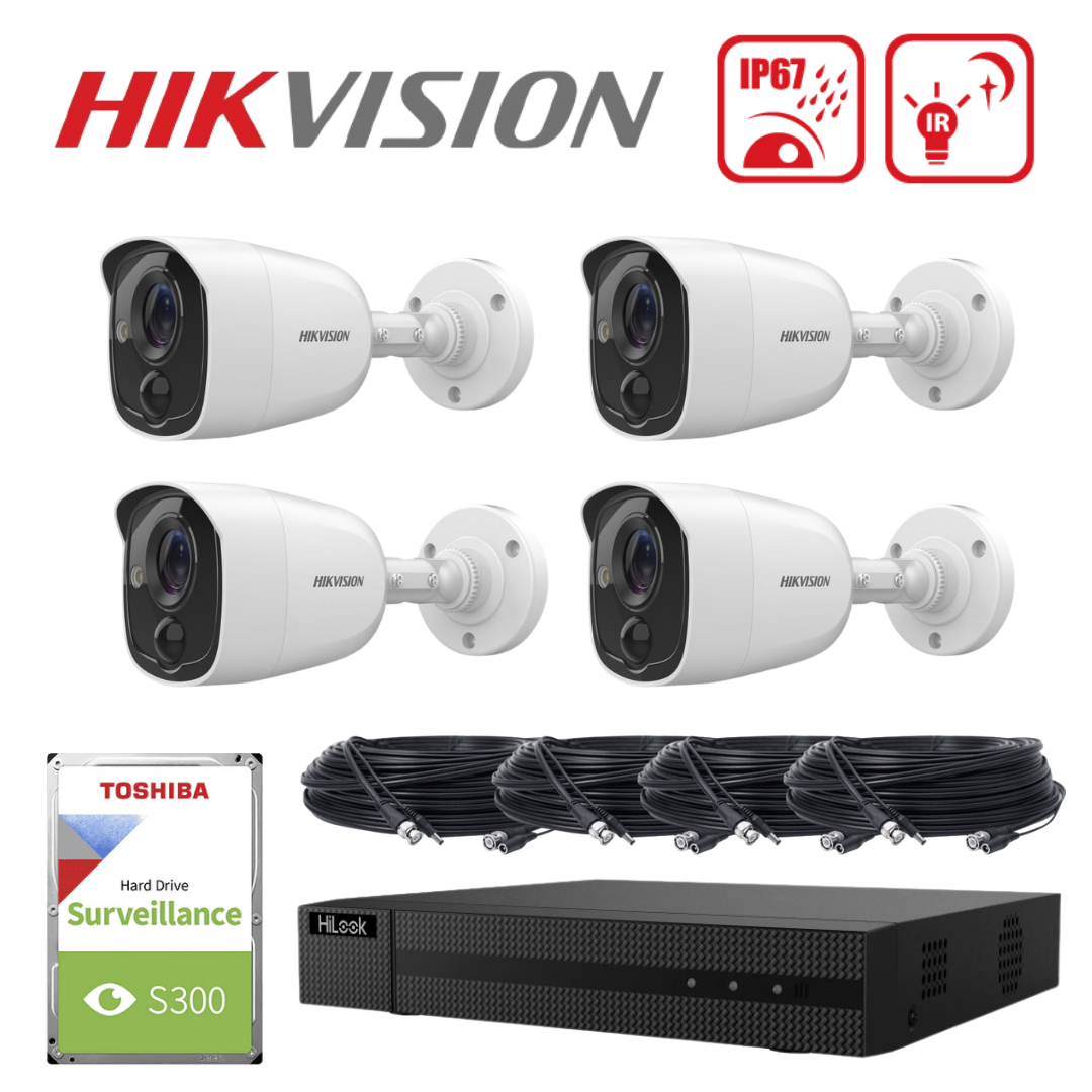 Hikvision 5MP PIR Turbo HD CCTV Kit 4 Camera System with 2TB HDD - 4x DS-2CE11H0T-PIRLO, 1x DVR-204Q-M1 (Cables Included)