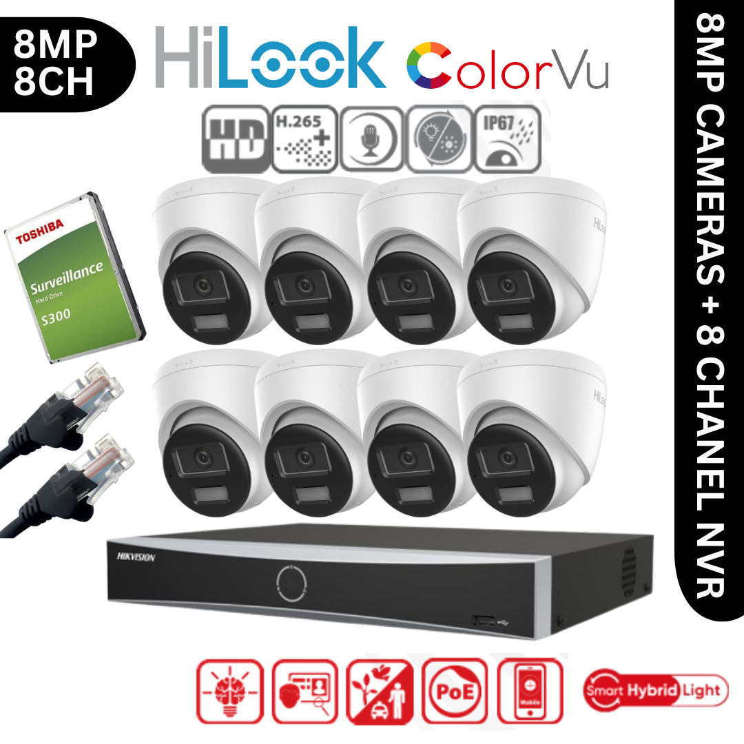 8MP HiLook IP CCTV Kit – 8x IPC-T280HA-LUF/SL, 1x DS-7608NXI-K1/8P, HDD & Cabling – White (CKIT1004))