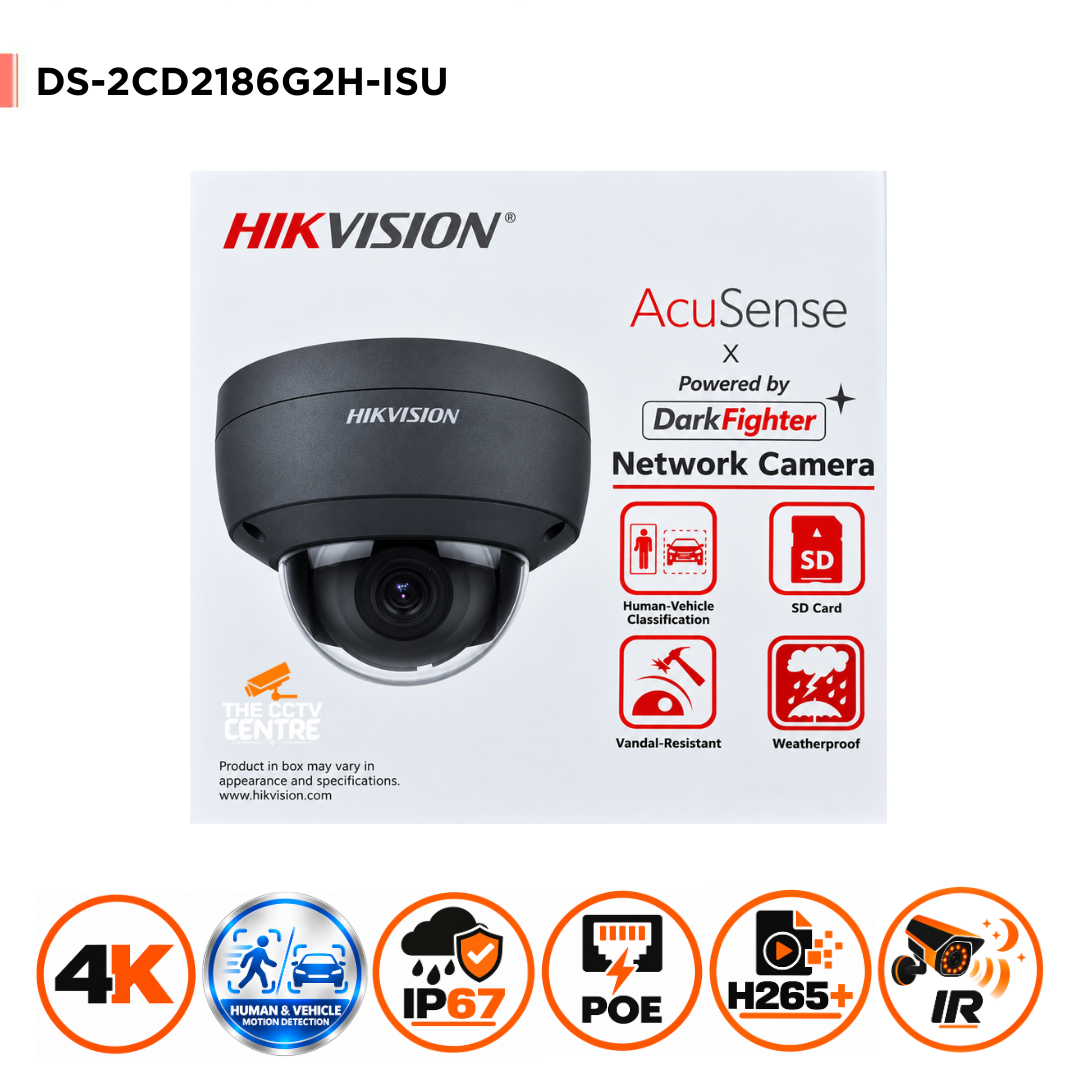 Hikvision DS-2CD2186G2H-ISU 8MP 4K AcuSense DarkFighter IP Dome CCTV Camera with Microphone - BLACK
