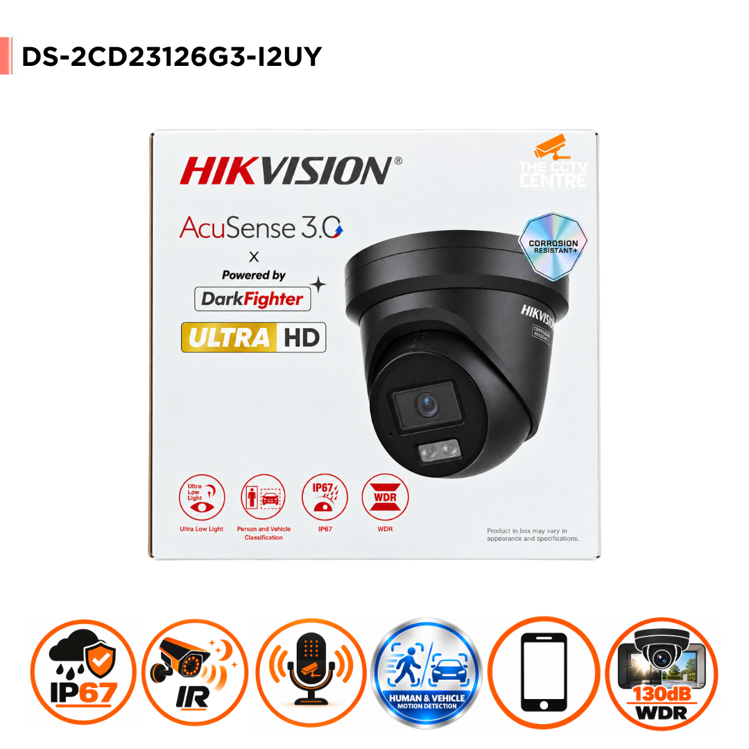 Hikvision DS-2CD23126G3-I2UY 12MP AcuSense IP Turret Camera – DarkFighter, 130dB WDR – Black