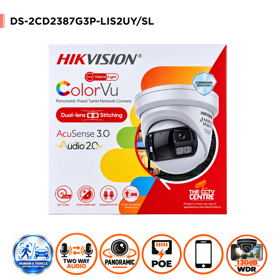 Hikvision DS-2CD2387G3P-LIS2UY/SL 8MP 180° Panoramic ColorVu 3.0 Turret IP Camera with Active Deterrence