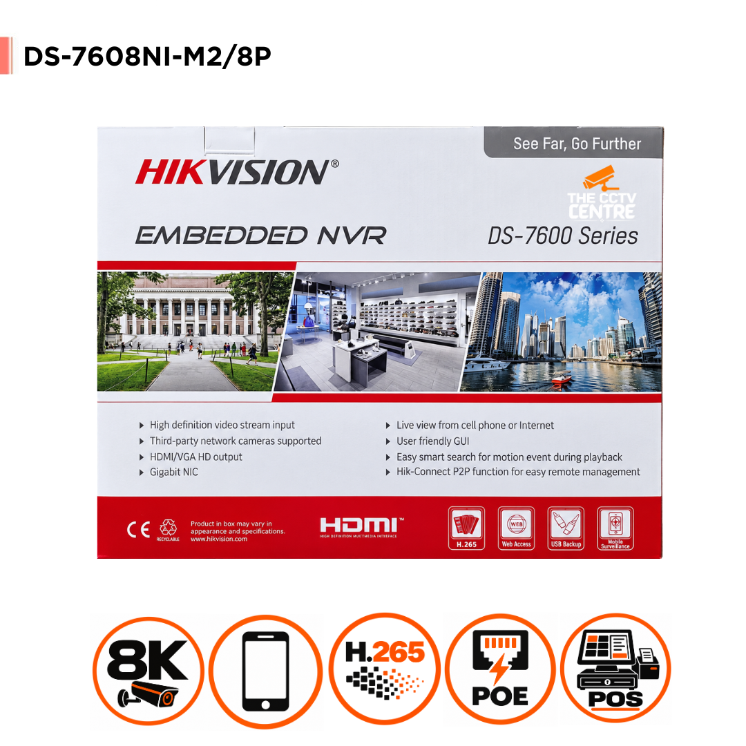 Hikvision DS-7608NI-M2/8P 32MP PoE 8 Channel 8K NVR With 2HDD Bays & 8PoE Ports