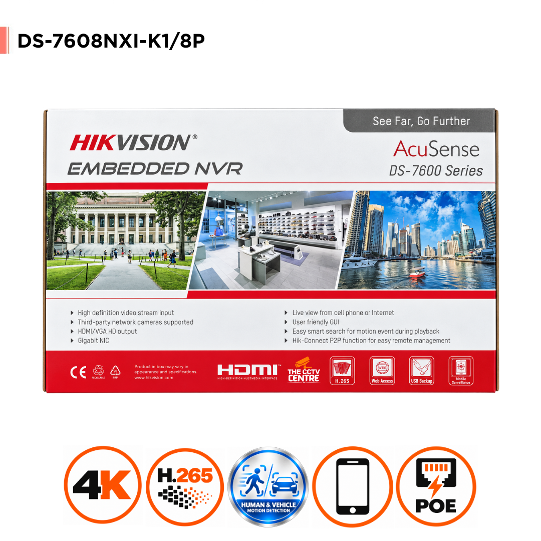 Hikvision DS-7608NXI-K1/8P 4K AcuSense PoE 8 Channel NVR With 8 PoE Ports