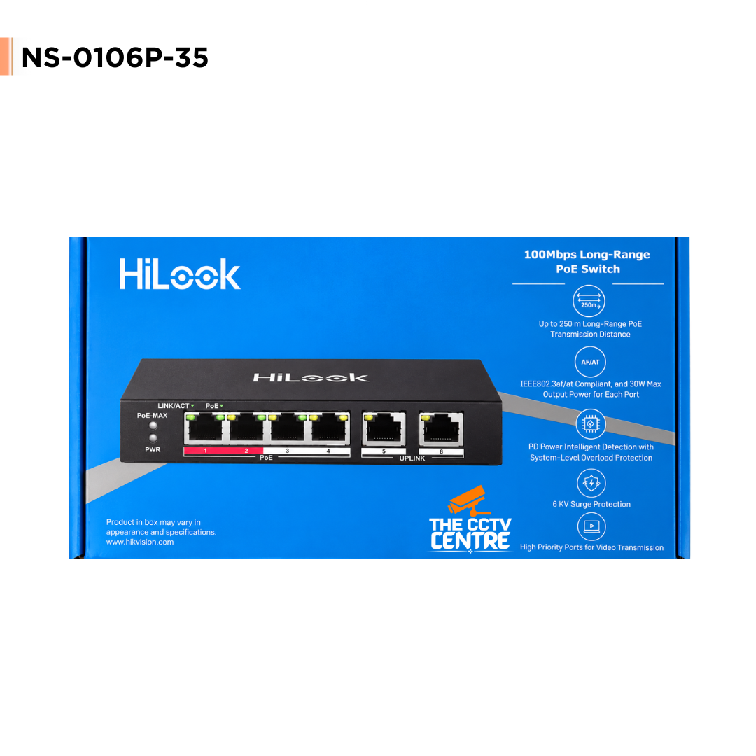 HiLook NS-0106P-35 4 Port PoE Switch – 35W Power & 250m Long Range