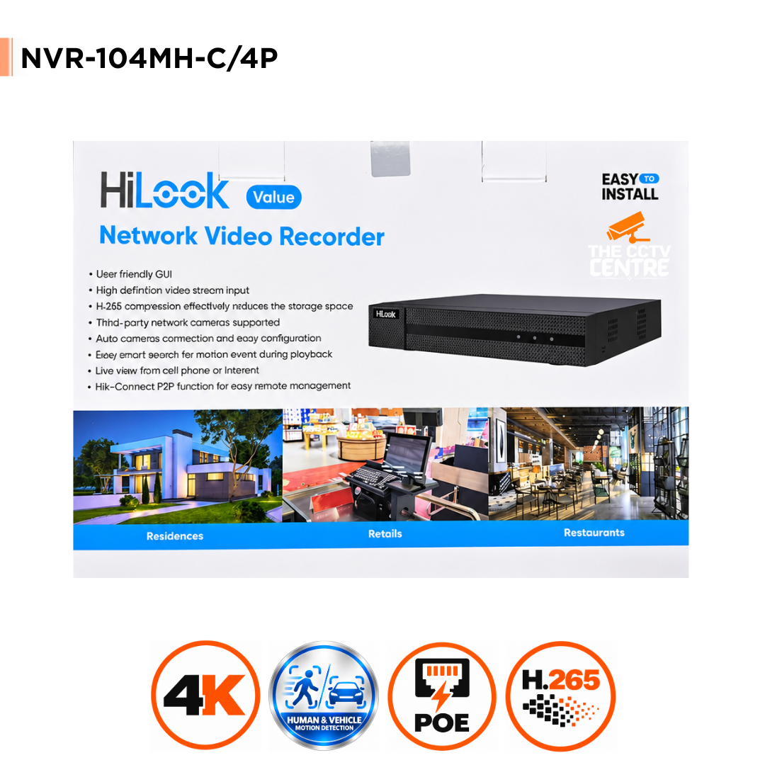 8MP NVR-104MH-C/4P(E) (NEW MODEL) 4 Channel NVR with 4 PoE Ports - HiLook by Hikvision