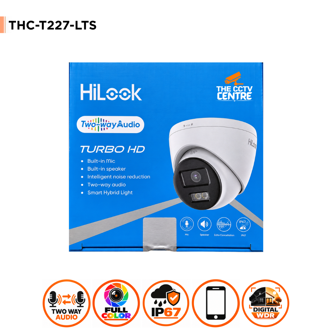 HiLook THC-T227-LTS 2MP ColorVu Two-Way Audio Smart Hybrid Light Turret Camera IP67 - 2.8mm
