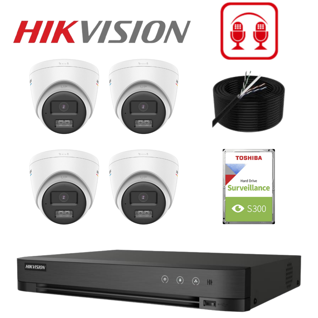 Hikvision 4-Camera  3K ColorVu Turbo HD CCTV Kit, 2 Way Audio – 4× DS-2CE72KF0T-LTS + iDS-7204HQHI-M1/XT + 2TB HDD + 100m External CAT6